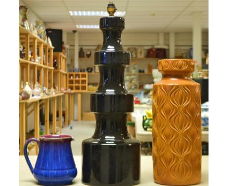 A Lovatt`s Langley ware electric blue jug ; a black retro table lamp ; a west German vase ( 3 ) 