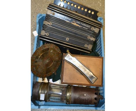 Boxes and objects- a Hailwoods improved patent miners lamp; an imperial Little Lord Fauntleroy accordian; harmonica etc. 