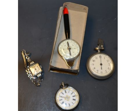 A map measure with compass and spark plug tester, a Swiss silver fob watch with enamel face, art deco wrist watch, etc (4)