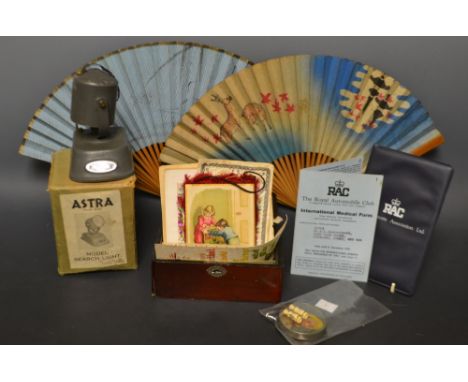 Boxes and Objects - a pair of Miniature binocular Stanhope Viewer, Matlock Bath;  an Astra Search light; a 1984 Motor competi