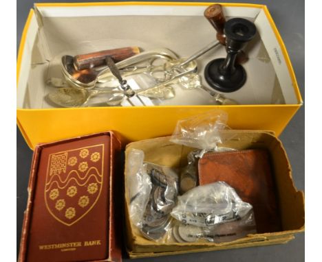 A pair of EPNS sauce ladles; corkscrew; coins; bank; ebony candlestick; etc.