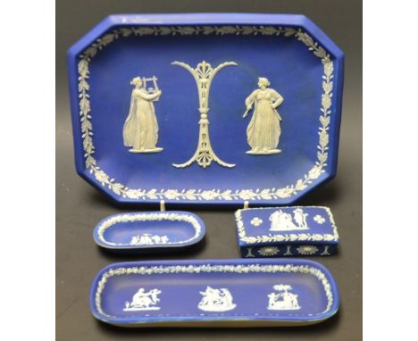 A 19th century Wedgwood Jasperware octagonal tray, applied in relief with Neoclassical maidens in diaphanous dress, trailing 