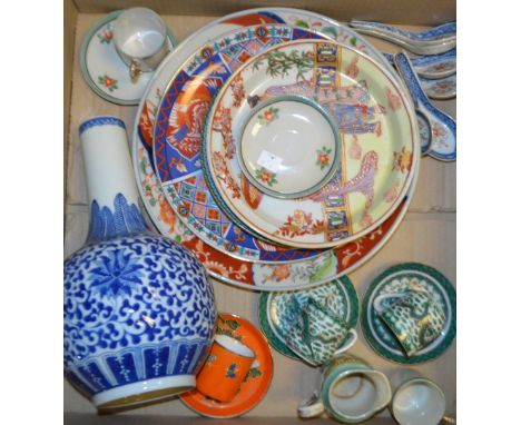 Chinese Ceramics - a large blue and white baluster vase; a pair of coffee cans and saucers, decorated with a dragon in green 