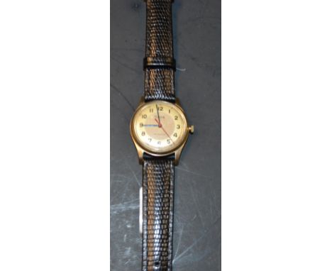 A vintage rone seventeen gentlemans wristwatch, gold dial, arabic numerals, red scentre seconds, manual movement, yellow gold