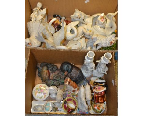 Ceramics - a Hammersley China owl, floral sprays; a collection of ceramic swans; a miniature Spode basket; a pair of candlest