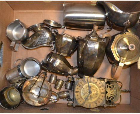 An EPNS four piece octagonal tea set, a silver plated table sugar scuttle and scoop; an EPNS sauce boat; a brass lantern cloc