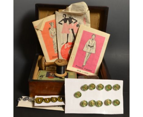 Haberdashery - a Victorian mahogany work box; sets of buttons; darning mushroom; 1970's patterns; buckles; cotton; mother of 