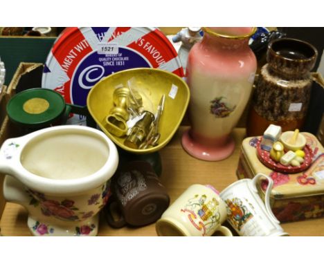 A set of brass kitchen scales; a set of graduated brass bell weights; a West German vase; Staffordshire and other ceramics; t
