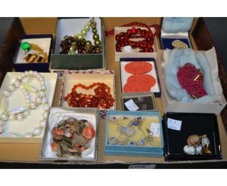 Jewellery-Mother of pearl necklace, marquisette and silver earrings, early 20th century beads and brooches, etc 