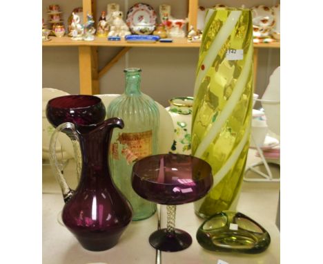 Studio Glass - a Murano three section tri-colour bowl;  a waisted spiralling vase; Amethyst glass jug etc (6)