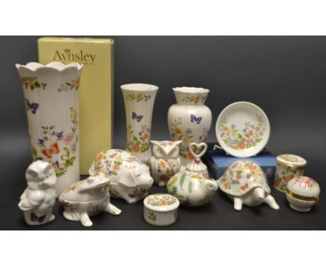 An Aynsley Cottage Garden trinket box, as an owl; another, as a tortoise; another, a pig; another, a frog; an Aynsley Cottage