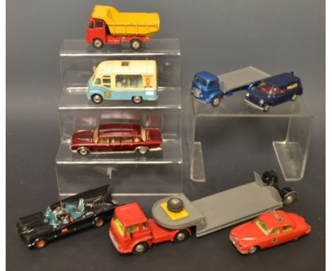 Corgi Toys- 267 rocket firing batmobile;  213 Jaguar 2.4 Fire Service;  448 Austin `Police` Mini van;  Smiths Karrier Icecrea