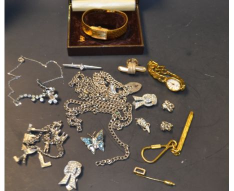 Jewellery & watches- a silver bracelet, lady's rotary watch, Accurist watch, chains, charms, etc