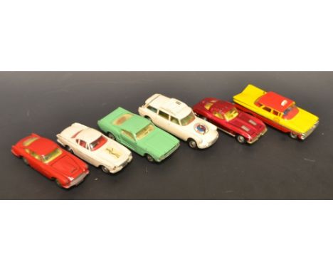 Corgi Toys  - 218 Aston Martin, red;  Citroen Safari Ski club;  258 The Saint Volvo P1800;  310 Chevrolet Corvette Sting Ray,