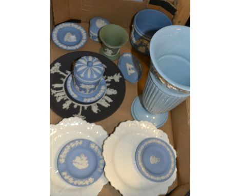 Ceramics- a Wedgwood black Jasperware plate, pale blue planter, trinket box, dishes, table lighter jar and cover etc;  a quee