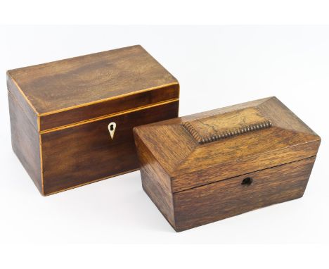 A small mahogany and boxwood tea caddy, inset teardrop from bone escutcheon; and an oval caddy of sarcophagus form (2)
