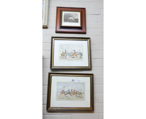 A pair of framed hunting prints after H Bunbury and a print of a pointer dog 