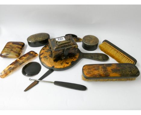 Tortoiseshell hairbrushes, hand mirror, other dressing table items - louvered style trinket box, cigarette case etc