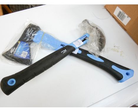 A new claw hammer and a new axe with fibre glass shaft 