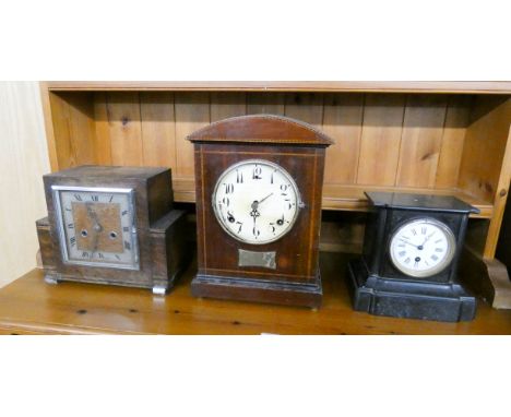 Mahogany mantel clock, oak clock and a marble clock
