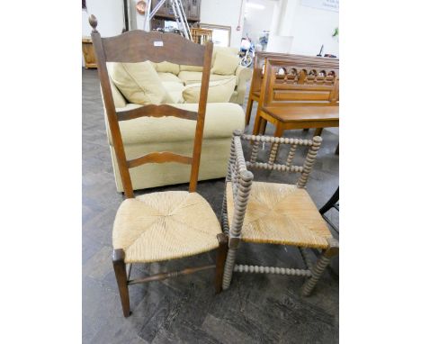 A bobbin turned corner chair with rush seat and a low seat ladder back chair with rush seat 