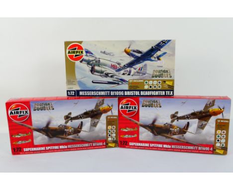 Airfix - Three Airfix 1:72 scale 'Dogfight Doubles' plastic model kits, comprising of A50135 (x2) and A50037. Two kits presum