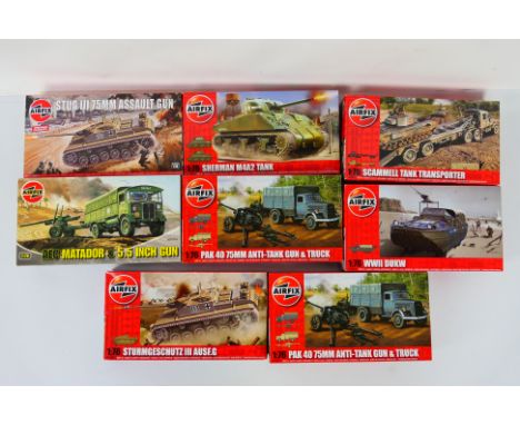 Airfix - Eight boxed plastic military vehicle model kits in 1:76 scale from Airfix. Lot includes Airfix AO1314 AEC Matador & 