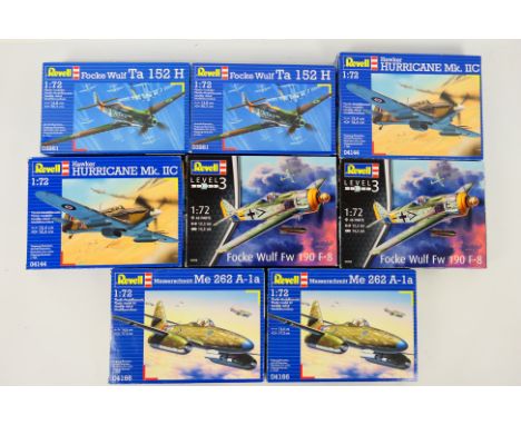 Revell - Eight boxed 1:72 scale plastic military aircraft model kits from Revell, including #04144 Hawker Hurricane; #03981 F