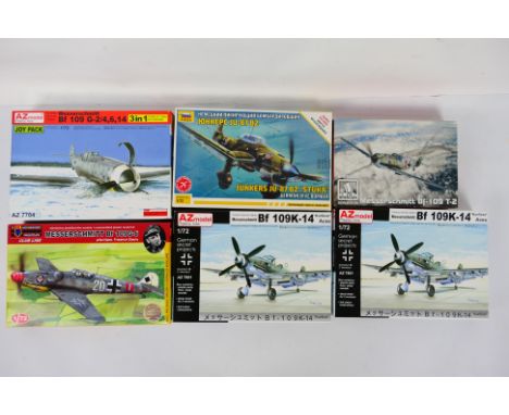 AZ Models - Brengun - KM - Zvezda - Six boxed WW2 German Messerschmitt plastic model aircraft kits in 1:72 scale. Lot include