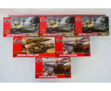 Airfix - Six boxed plastic military vehicle model kits in 1:76 scale from Airfix. Lot includes Airfix A50142 'Classic Conflic