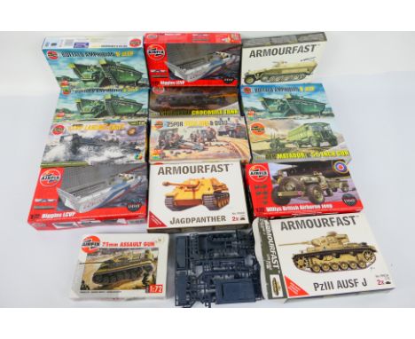 Airfix - Armourfast - 14 boxed plastic military vehicle model kits in 1:72. Lot includes Airfix AO2340 Higgins LCVP; Armourfa