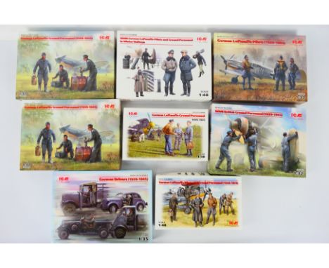 ICM - Eight boxed WW2 plastic military personnel model kits by ICM. Lot includes ICM #48082 1:48 German Luftwaffe Pilots & Gr
