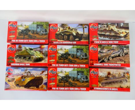 Airfix - Nine boxed plastic military vehicle model kits in 1:76 scale from Airfix. Lot includes Airfix AO2301 Scammell Tank T