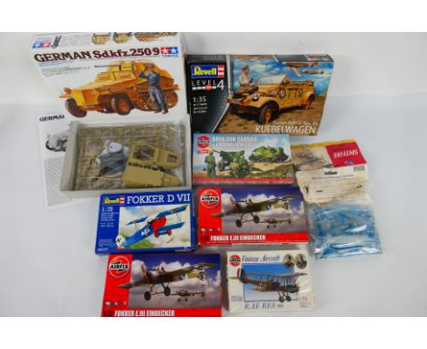 Tamiya - Revell - Airfix - A boxed and bagged collection of eight plastic model kits in various scales. Lot includes Tamiya #