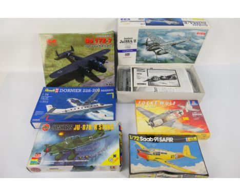 Revell - Hasegawa - Airfix - ICM - Others - Six boxed 1:72 scale WW2 plastic model aircraft kits. Lot includes Hasegawa E33 J