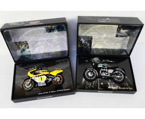 Minichamps Classic Bike series - two 1:12 scale model motorbikes comprising Yamaha YZR 500 K Roberts and Triumph Bonneville 6