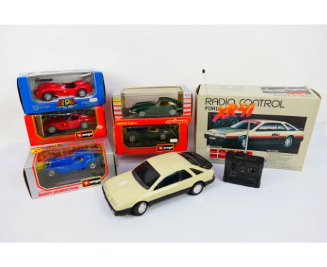 Ertl - Majorette - Bburago - 6 x boxed models, a remote control Ford Sierra XR4i # 4767, a Jaguar R Type in 1:24 scale # 4102