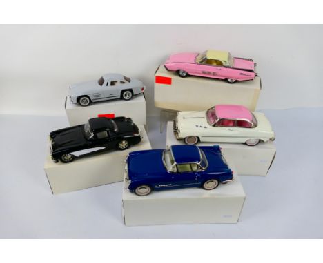 Vintage Tinplate - 5 x boxed tinplate cars including Ford Thunderbird and Mercedes 300 SL. They appear in Very Good to Near M