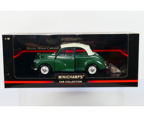 Minichamps - A boxed 1:18 scale Minichamps #150 137031 Morris Minor Convertible. The model in almond green appears to be in M