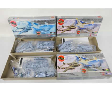 Airfix - Three boxed Airfix #08656 1:72 scale '90 Years of Fighters' triple pack sets. Kits appear Mint with loose parts and 