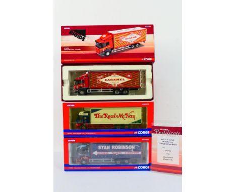 Corgi - Three boxed diecast 1:50 scale model trucks from Corgi's 'Rigids' range. Lot consists of CC14202 Scania P Box Lorry '