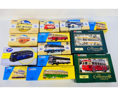 Corgi Classics - 13 boxed diecast model buses and trams from various Corgi ranges, including # 35303 SELNEC  Bedford VAl; #98