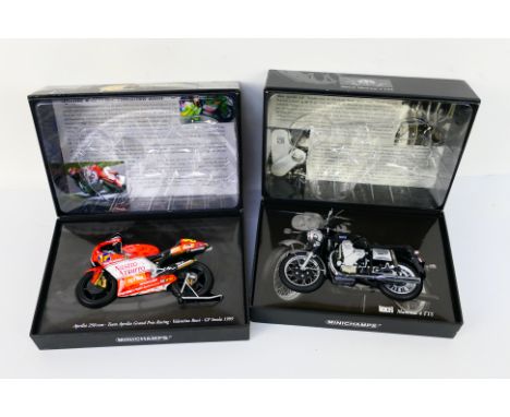 Minichamps Classic Bike series - two 1:12 scale model motorbikes comprising Aprilia 250 ccm Valentino Rossi GP Imola 1999 and