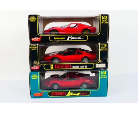 Anson - 3 x boxed cars in 1:18 scale, Lamborghini Miura, Ferrari 328 GTS and Ferrari Dino 246 GT. The models appear Mint in F