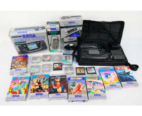 Sega - A Sega Game Gear with accessories including battery pack, car adapter TV Tuner Pack; Wide Gear plus a selection of gam