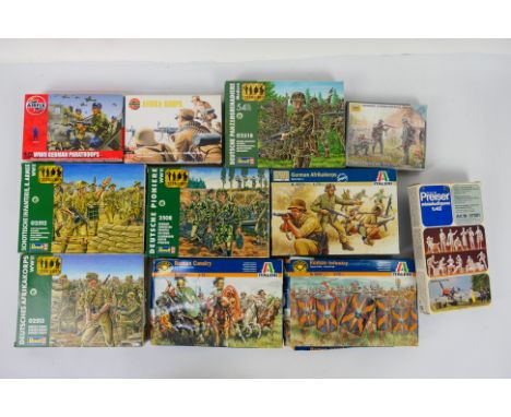 Italeri - Airfix - Revell - Preiser - 11 boxed sets of plastic 1:72 military personnel kits, including Italeri #6028 Roman Ca