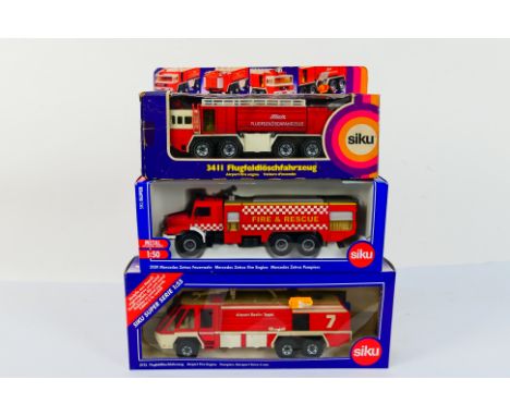 Siku - Three boxed diecast 1;50 scale fire appliances from Siku. Lot consists of #3722 Airport Fire Engine; #3411 Airport Fir