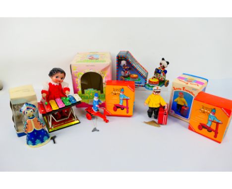 TA - Vintage Tinplate - 6 x boxed tinplate toys including a drumming panda, 2 x clown on scooters, a Little Performer and a L