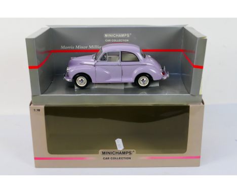 Minichamps - A boxed 1:18 scale Minichamps #150 137001 Morris Minor 'Million'  in lilac.  The model appears to have a broken 