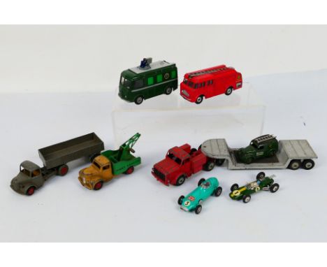 Dinky - Corgi - A group of unboxed vehicles, Lotus-Climax F1 # 155, BRM # 152S, Morris Z van # 261, TV Roving Eye van # 968, 